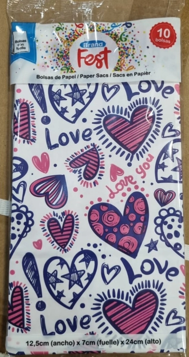 Bolsa cotillon FSC mix 12,5 x 7 x 24,5 corazon letras Flow Pack x10