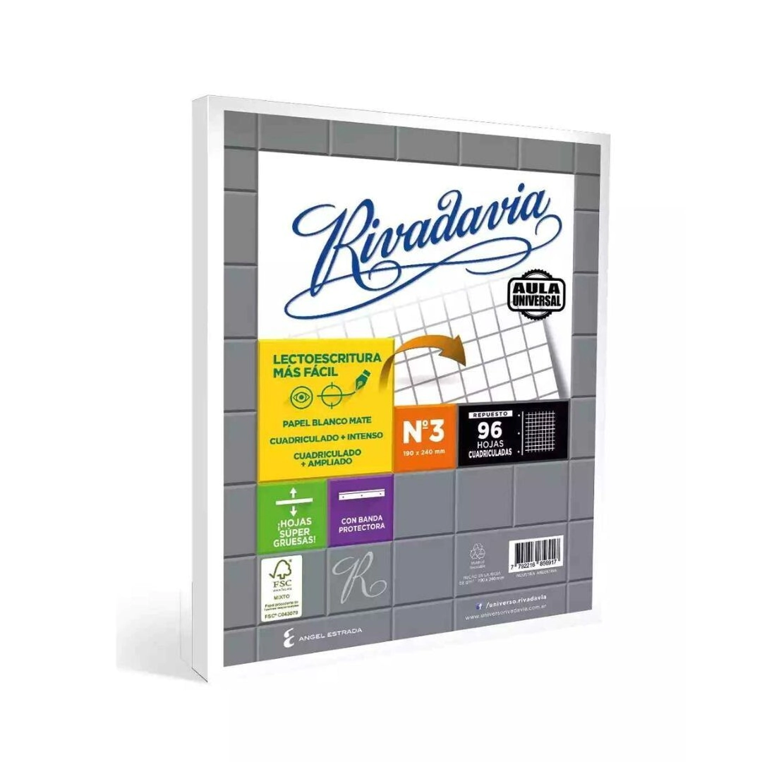REPUESTO ESCOLAR N 3 AULA UNIVERSAL RIVADAVIA - 96 Hjs. Cuadriculado
