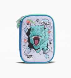 CARTUCHERA RIGIDA 2 CIERRES DINO GLOW FOOTY CELESTE