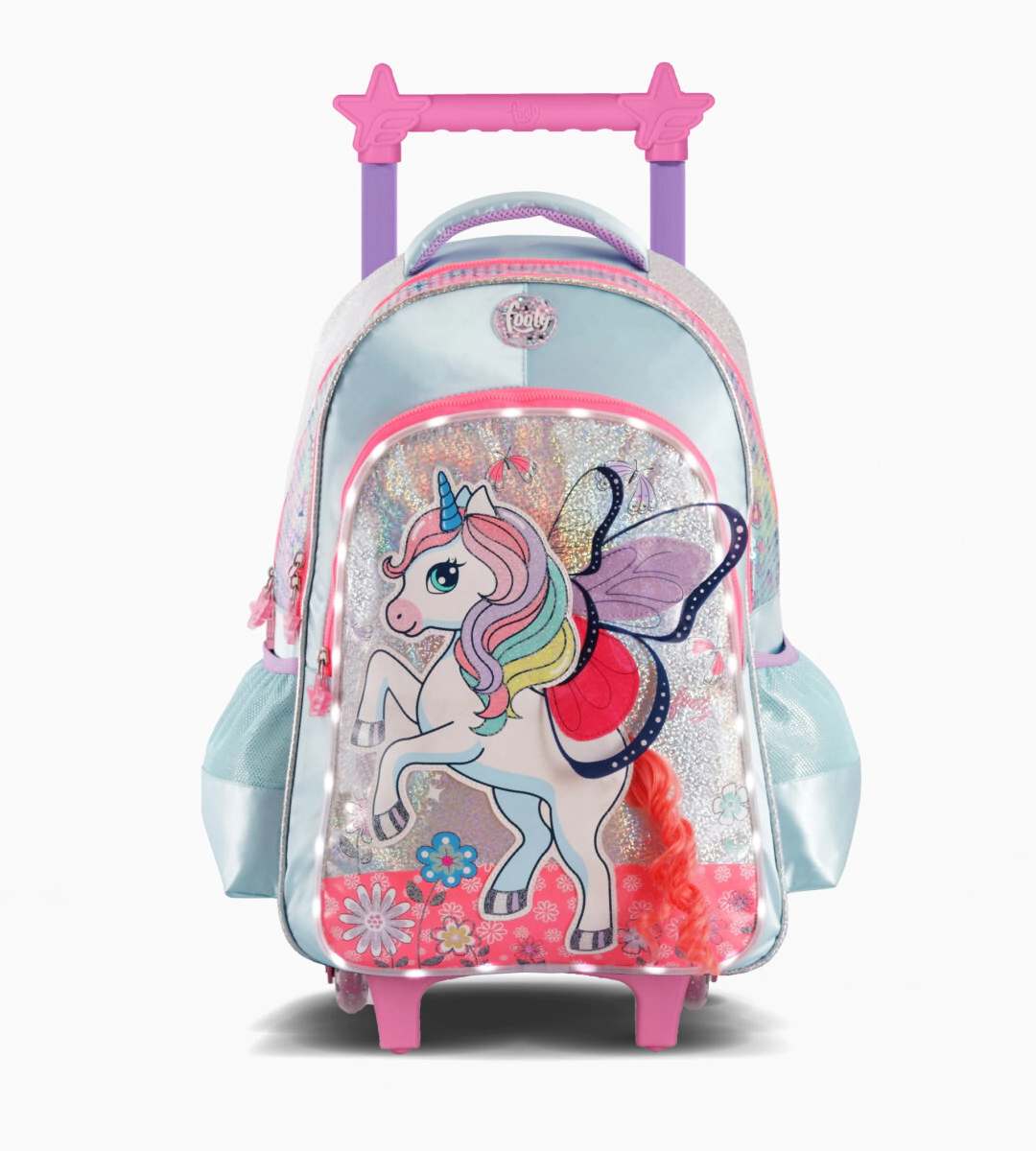 MOCHILA CARRO 18" CON LUZ LED UNICORN WINGS FOOTY CELESTE