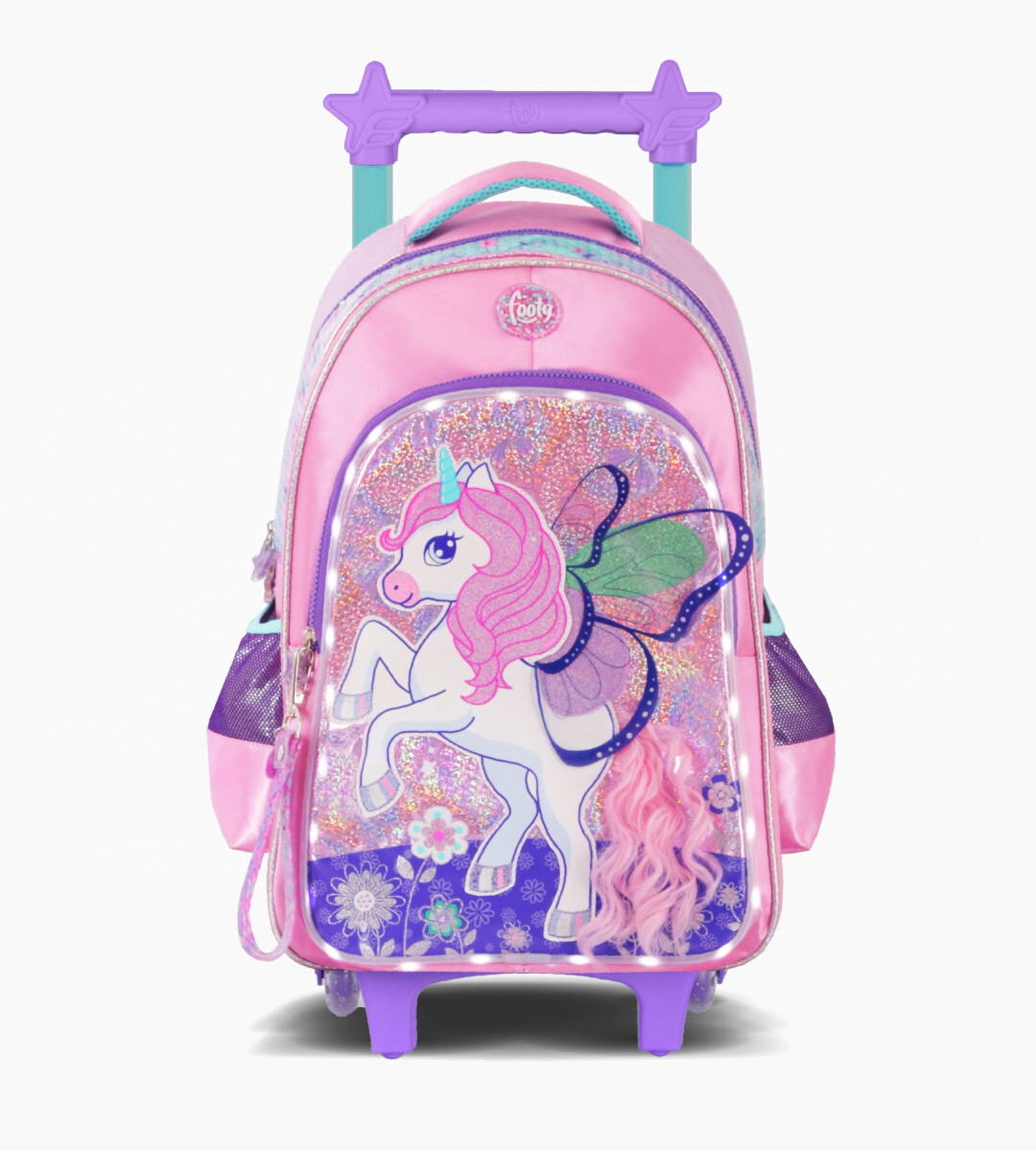 MOCHILA CARRO 18" CON LUZ LED UNICORN WINGS FOOTY ROSA