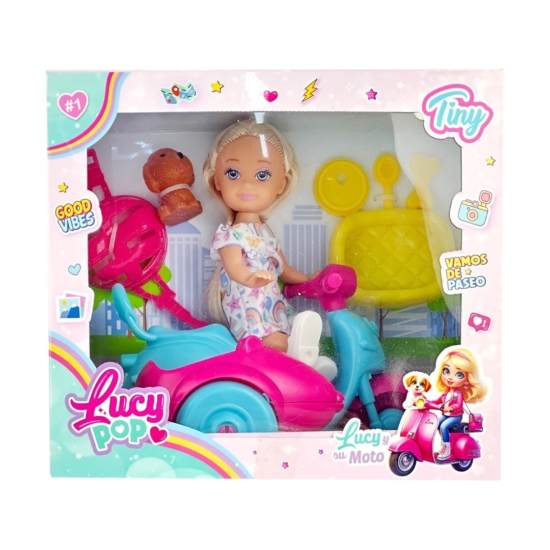 MINI MU�ECA LUCY POP TINY CON MOTO Y ACCESORIOS 12x14x9,5 CM