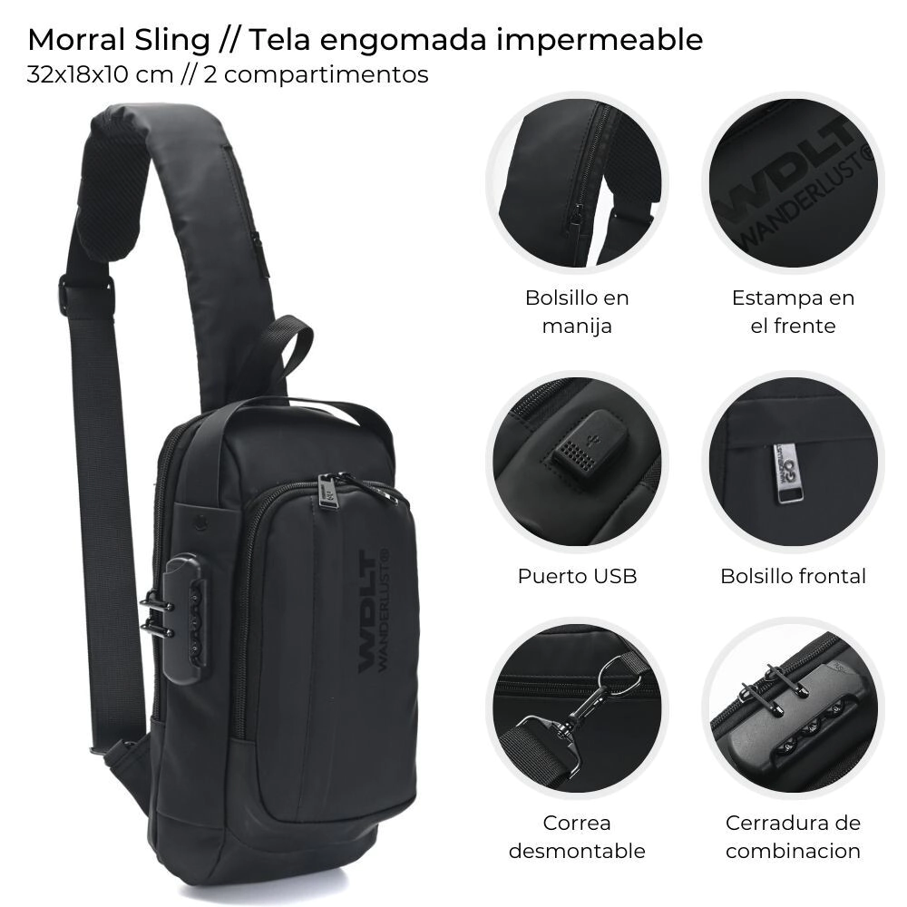 MORRAL SLING CON CERRADURA Y USB 32x18x10 CM