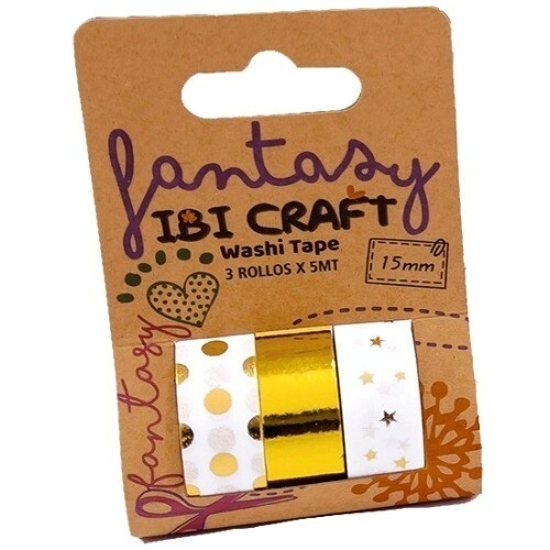 WASHITAPE DISPLAY 3 ROLLOS DE 5 Mts GOLD IBICRAFT