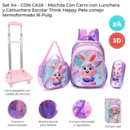 SET X4: MOCHILA CARRO CON LUNCHERA Y CARTUCHERA 16" SKORA