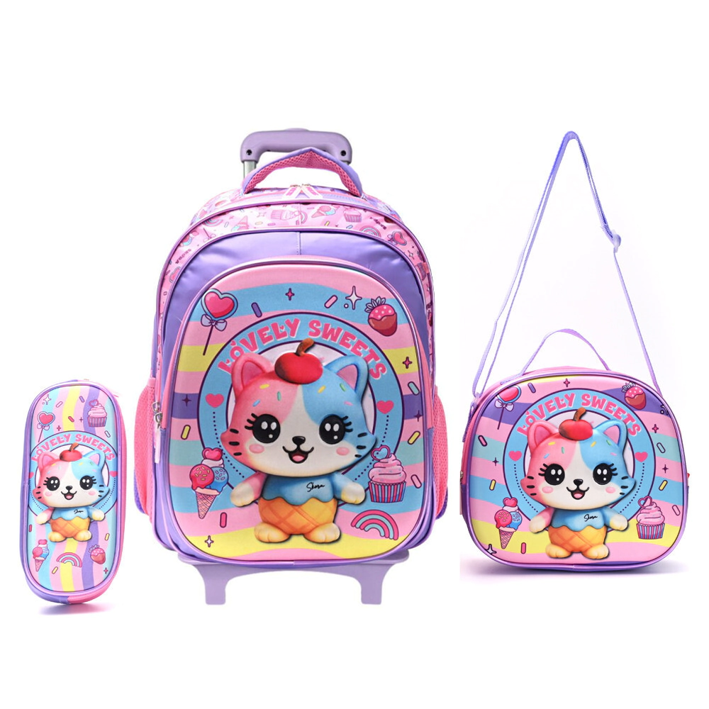 SET X4: MOCHILA CON CARRO CON LUNCHERA Y CARTUCHERA 16" SKORA
