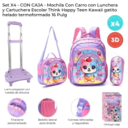 SET X4: MOCHILA CON CARRO CON LUNCHERA Y CARTUCHERA 16" SKORA