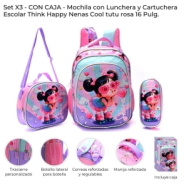 SET X3 EN CAJA, MOCHILA CON LUNCHERA Y CARTUCHERA ESCOLAR THINK HAPPY NENAS COOL 16 PULG