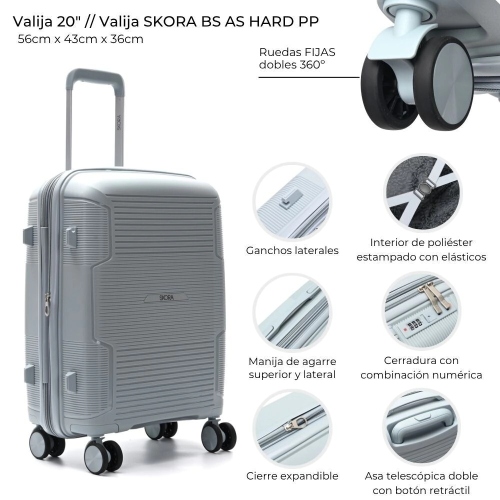 VALIJA CARRY ON SKORA BS AS HARD PP GRIS PERLA 20"