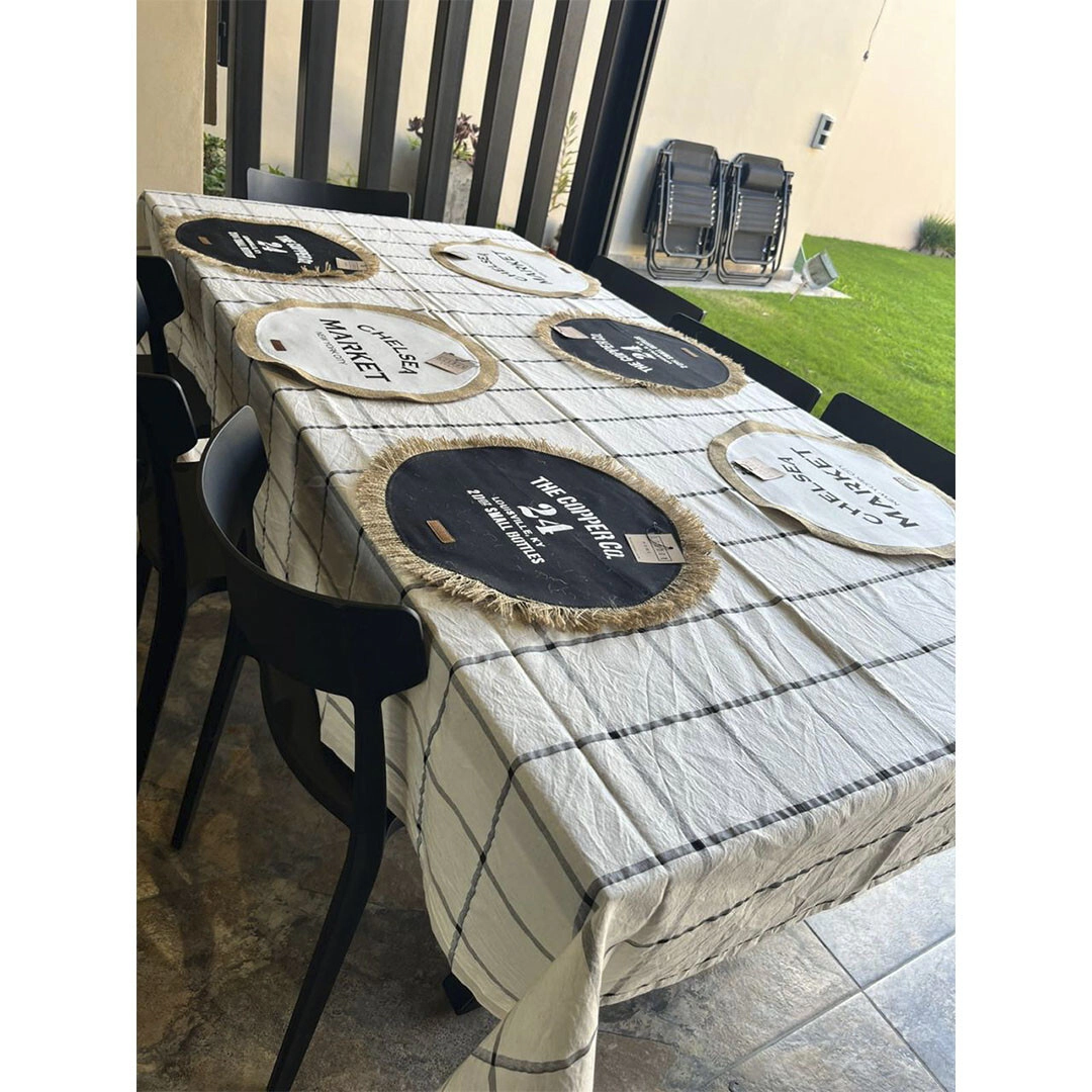 MANTEL TUSOR CRUDO CON CUADROS NEGRO LISBOAB 150  X 200CM