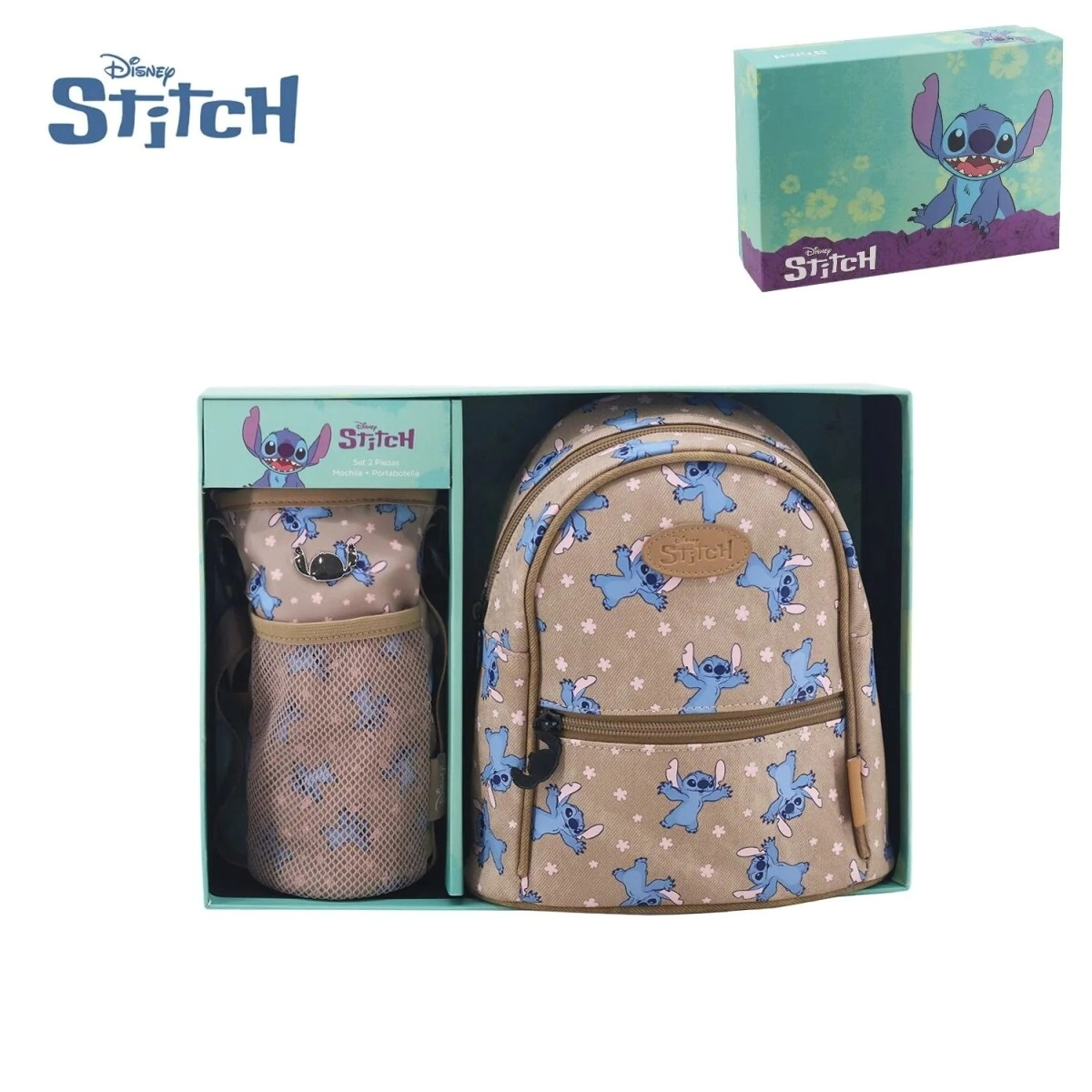 MOCHILA Y PORTA BOTELLA DISNEY STITCH BEIGE