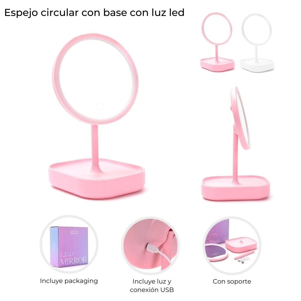 ESPEJO CIRCULAR CON BASE CON LUZ LED SKORA