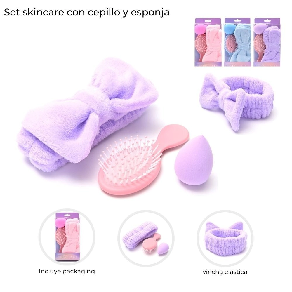 SET SKINCARE DE VINCHA CON CEPILLO Y ESPONJA X3 SKORA