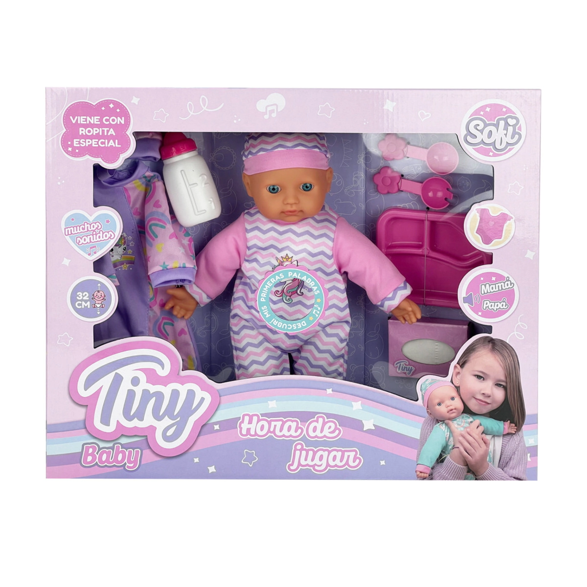 BEBOTE TINY CON ROPA EXTRA, ACCESORIOS Y SONIDOS 32CM CUERPO BLANDO