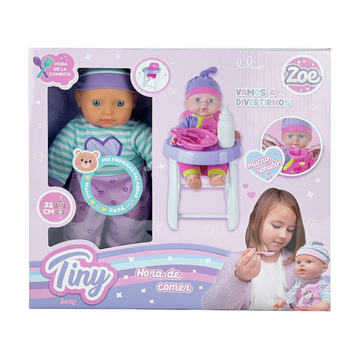 BEBOTE TINY HORA DE COMER CON SILLITA, ACCESORIOS Y SONIDOS 32CM CUERPO BLANDO