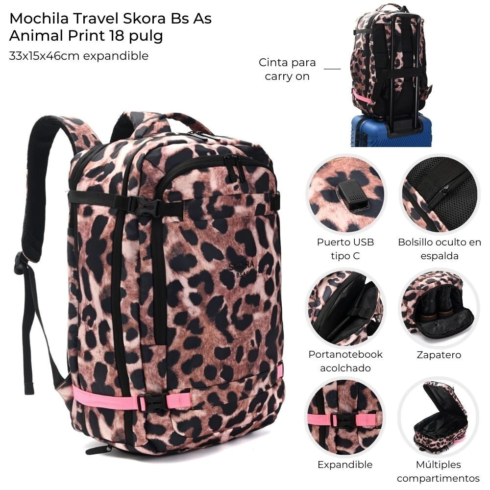 MOCHILA TRAVEL SKORA BS AS ANIMAL PRINT 18"