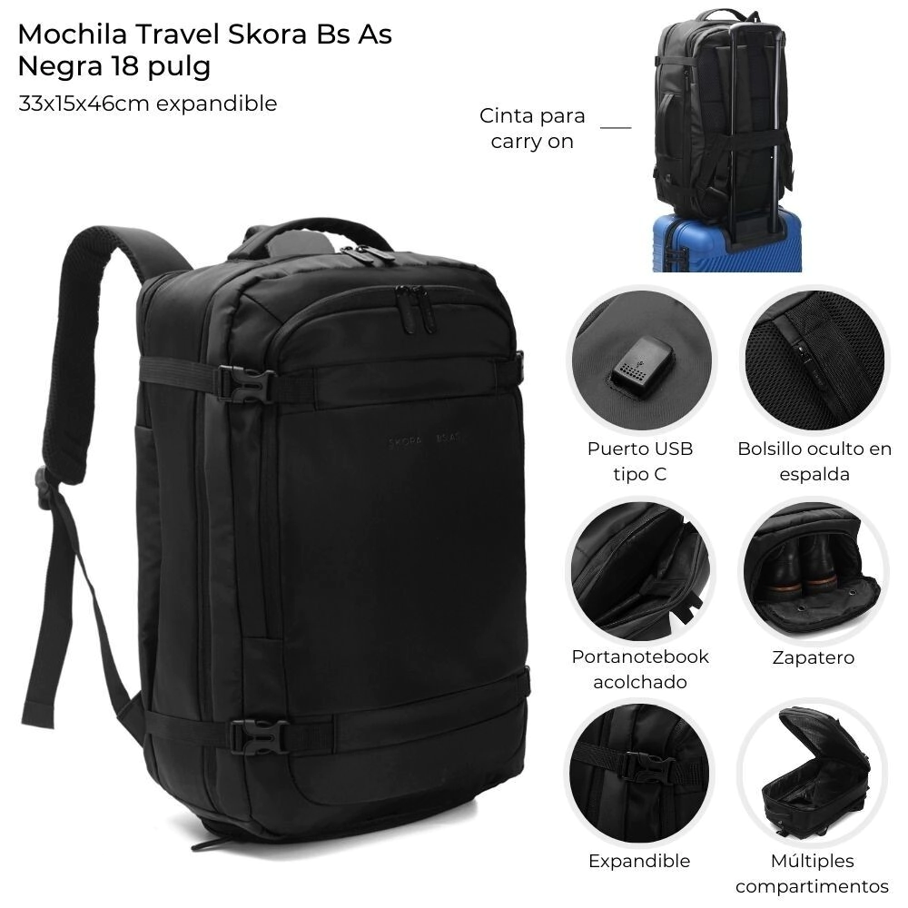 MOCHILA TRAVEL SKORA BS AS NEGRA 18"