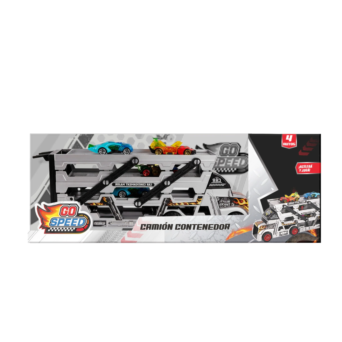 SET CAMION LANZADOR Y CONTENEDOR CON 4 AUTOS GO SPEED