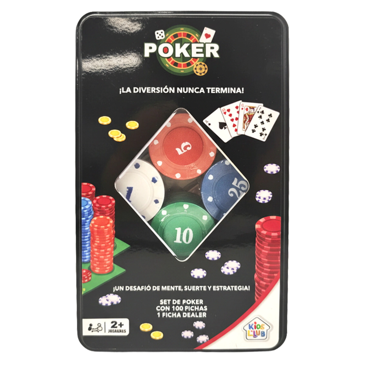 SET DE CARTAS DE POKER EN LATA CON 100 FICHAS KIDS CLUB