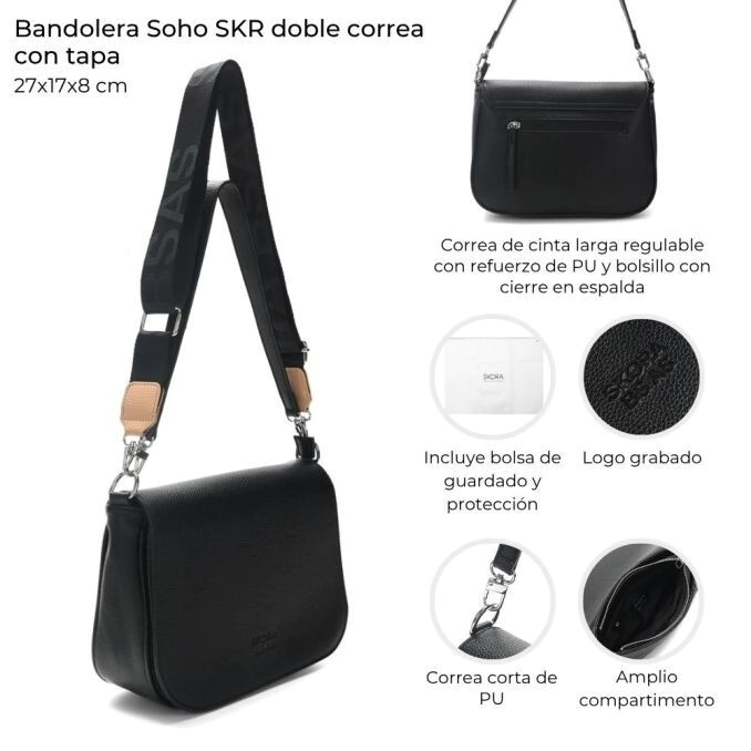 BANDOLERA SOHO SKORA DOBLE CORREA 27x17x8 CM NEGRA